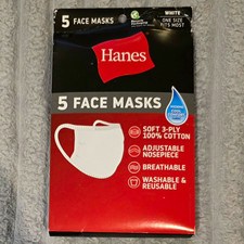 Hanes 5-Pack White Face Masks Washable Reusable Breathable Moisture Wicking