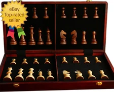 20" Extra Large Solid Walnut Wooden Chess Set with 2 Extra Queen Pieces