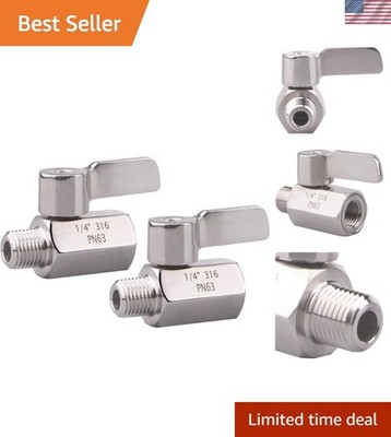 Stainless Steel Ball Valve Mini Valve 1/4'' NPT Female x Male Thread Pack of 2
