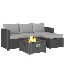 Corner Garden Rattan Sofa 66x66x64cm Grey Steel PE Rattan with Firepit -Cushions