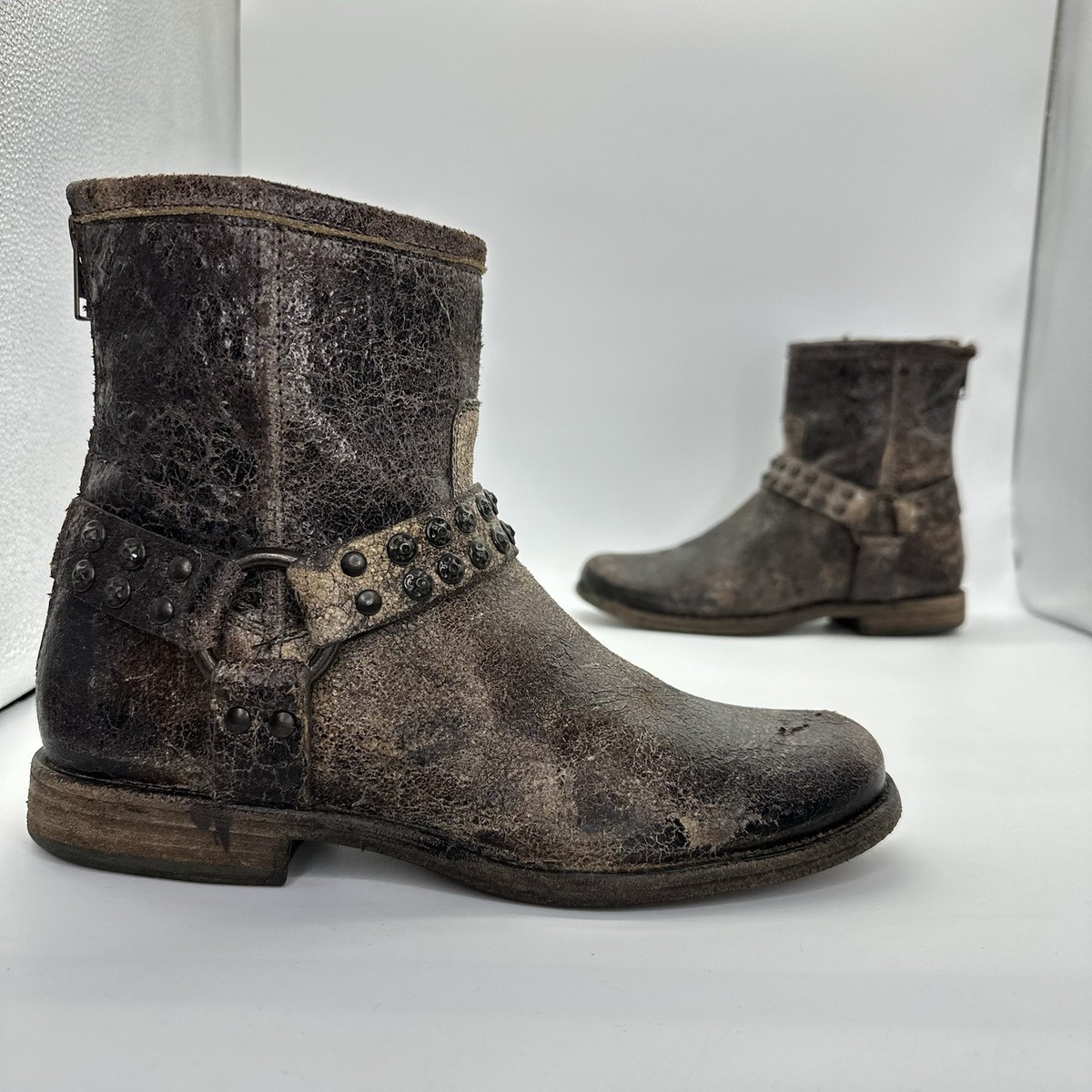 Frye-Phillip Studded Harness Distressed Leather Moto Boots Women 8