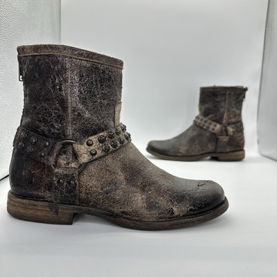 Frye-Phillip Studded Harness Distressed Leather Moto Boots Women 8 B 76492