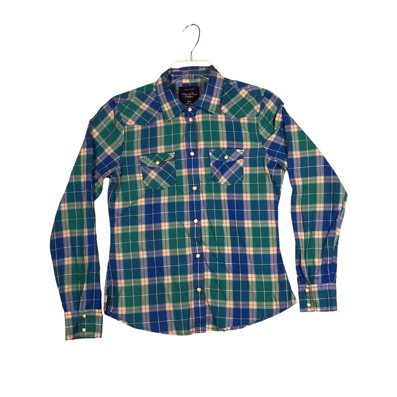American Eagle Shirt Womens Medium Plaid Pearl Snap Favorite Fit Western Pockets
