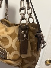 Coach Beige Brown Signature Logo Satchel Top Handle Silver Hardware Bag Charm