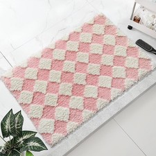 Pink Bathroom Rug Cute Checkered Bath Mat for Bathroom Soft Super Absorbent N...