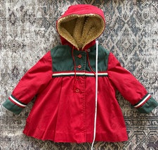 Vintage London Fog Girls Size 2 Hooded Sherpa-Lined Long Sleeve Coat, Red/Green
