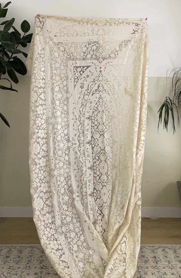 Mesa de lino de trabajo con aguja nupcial 72x126 floral ornamentada de encaje francés antigua rara Foto 4 de 4