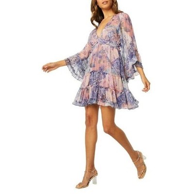 MISA Los Angeles Floral Tiered Midi Dress XS Bohemian Cold Shoulder Purple