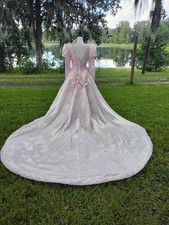 Vintage Late 80s Prom Dresses Pink Embellished Super Puffy Sleeves Gowns Train