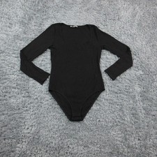 Kaileigh Bodysuit Womens Small Black Long Sleeve Square Neck Knit Stretch Basic