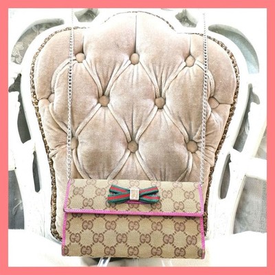 GUCCI Sherry Line Long Wallet GG Pattern Pink Silver Italy Authentic