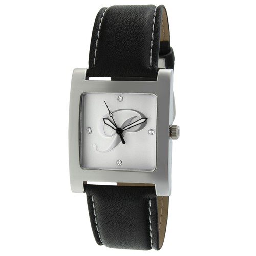 Women Silver Tone Square Wrist Watch w/ Black Leather Strap & Initials Dial - Picture 8 of 24