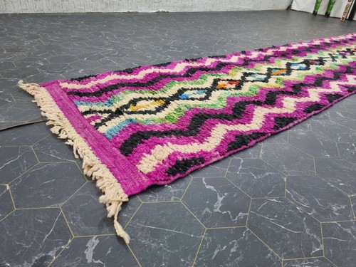 Moroccan Boujaad Handmade Rug 2'3"x13'4" Berber Geometric Purple Black Wool Rug - Picture 5 of 12