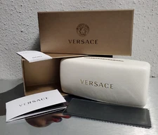 VERSACE WHITE LEATHER CLAMSHELL LARGE SUNGLASSES CASE+CLOTH+BOOKLET+BOX