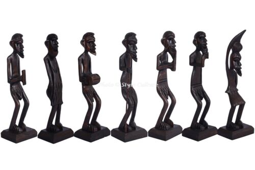 Set Of 7 African Tribal Warrior Hand Carved Wooden Figurines Hand Painted - Picture 2 of 3
