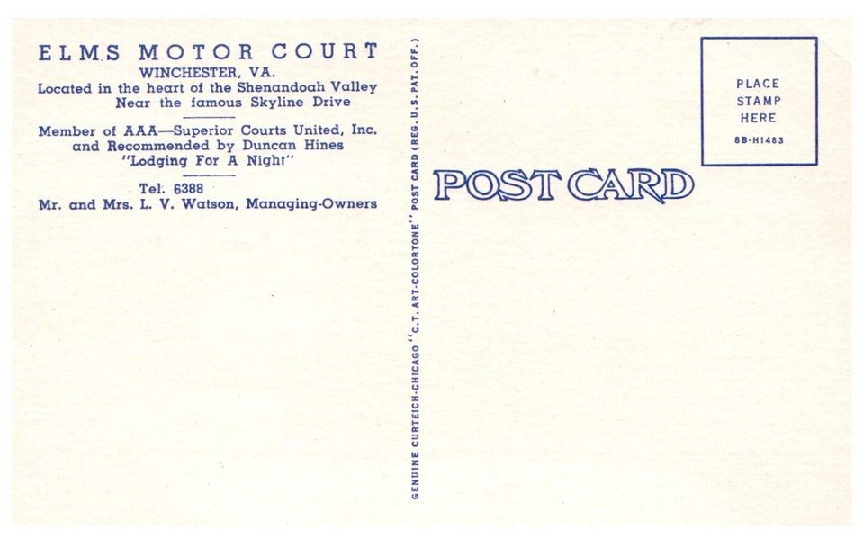 Winchester VAVirginia, Elms Motor Court & Dining, Advertising, Vintage