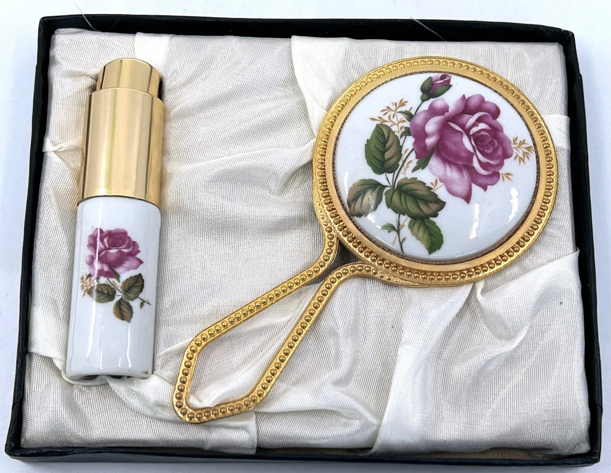 Porcelain Perfume Atomizer and Hand Mirror Painted Roses Boxed Set