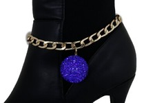 Women Boot Bracelet Gold Metal Chain 80s Disco Blue Ball Anklet Bling Shoe Charm