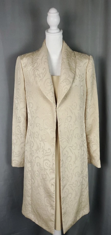 Vtg Womens Dress 6 Beige Jackie O Brocade Long Jacket Plush Collar Special Look - Image 3 of 4