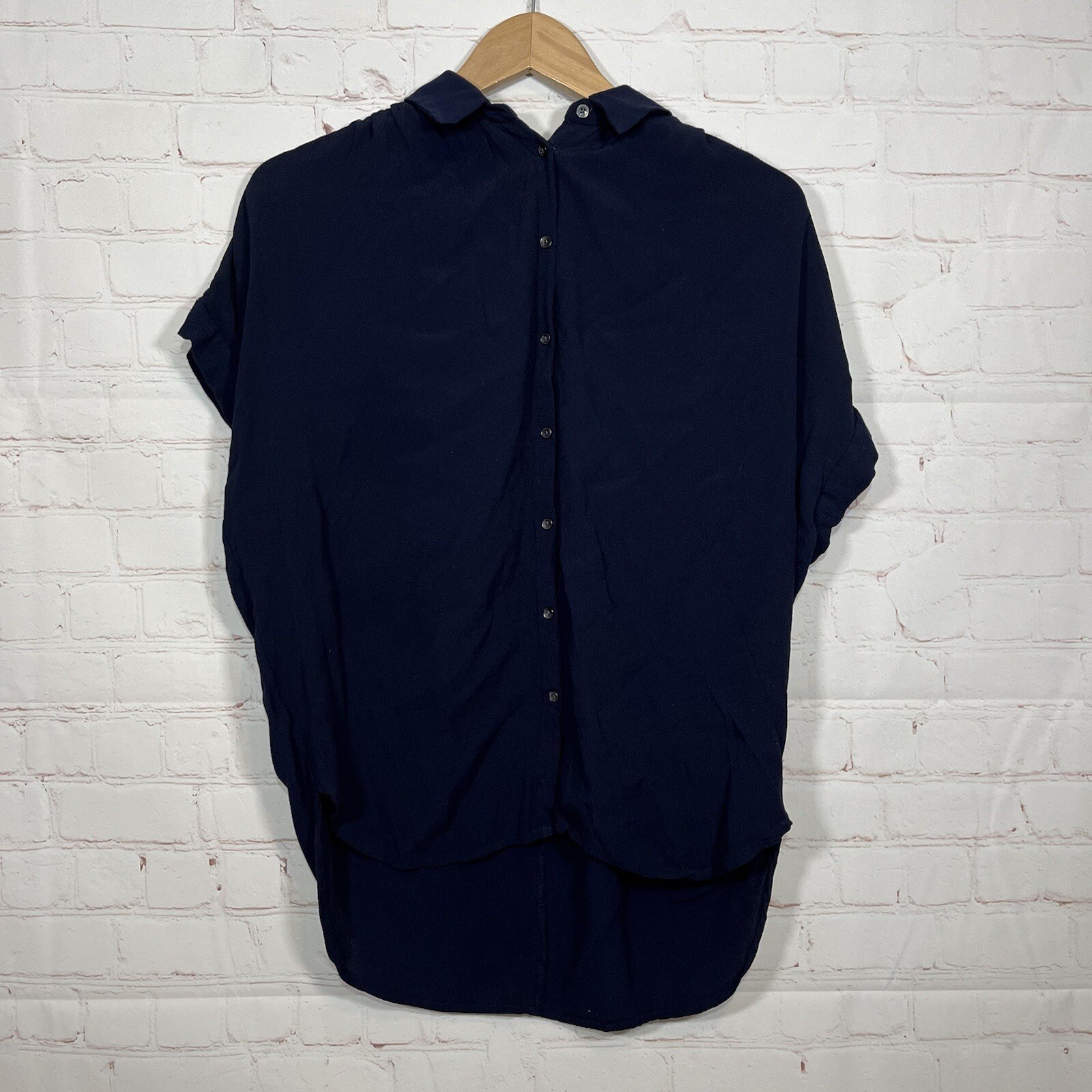 Madewell Women Navy Blue High Low Button Up Short Sleeve Blouse XS