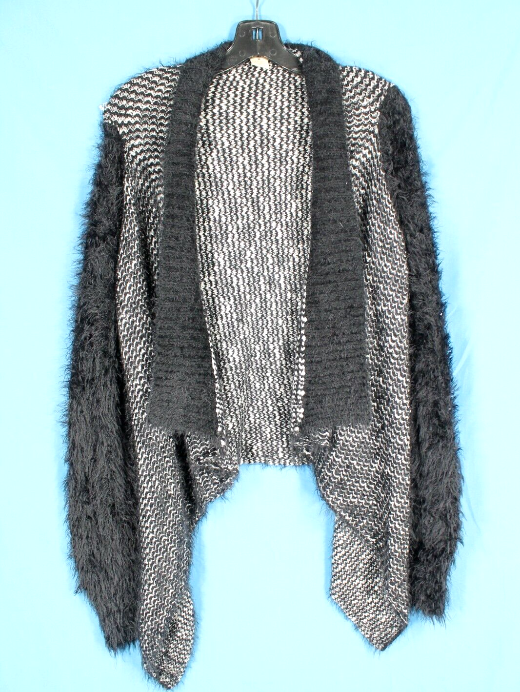 ESCIO Black/White FUZZY EYELASH Open Front DRAPPED Knit Sweater CARDIGAN Sz M