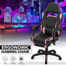 Pink[LUMBAR SUPPORT+FOOTREST]Gaming Racing Chair Ergonomic Recliner Office Seat
