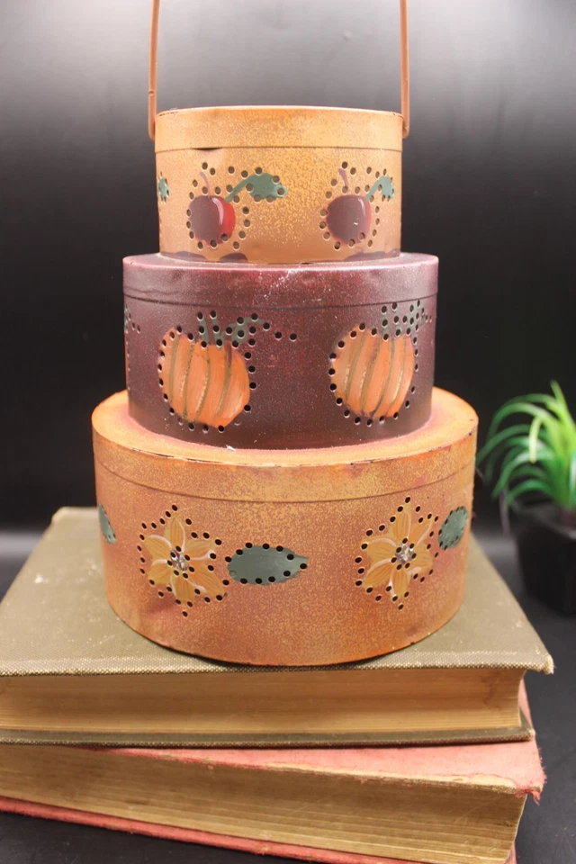 Primitive Fall Harvest Tin Punched Stacked Seed Boxes and Crow by K Hatch 2002 - Image 3 of 4