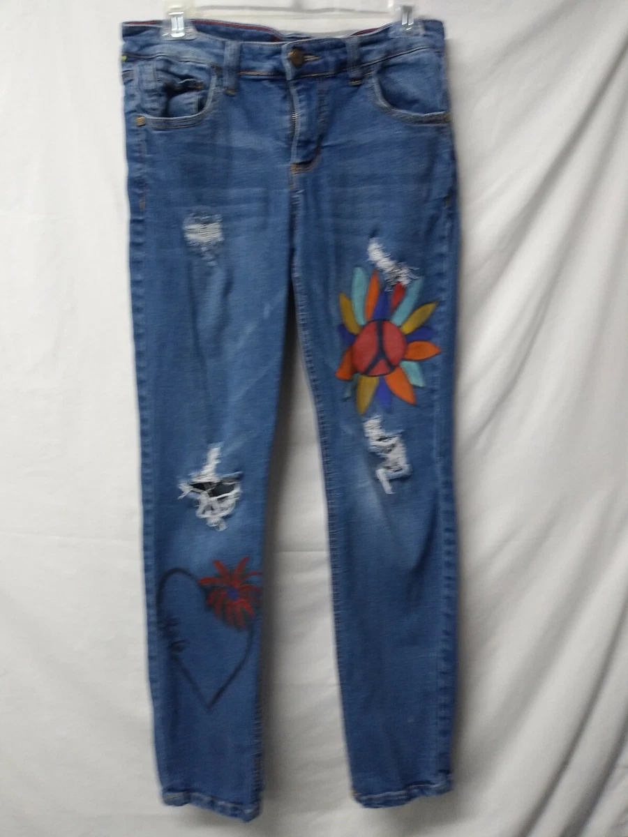 One5One Jeans Dark Wash Women s Sz 10 distressed custom painted 70s art inv415