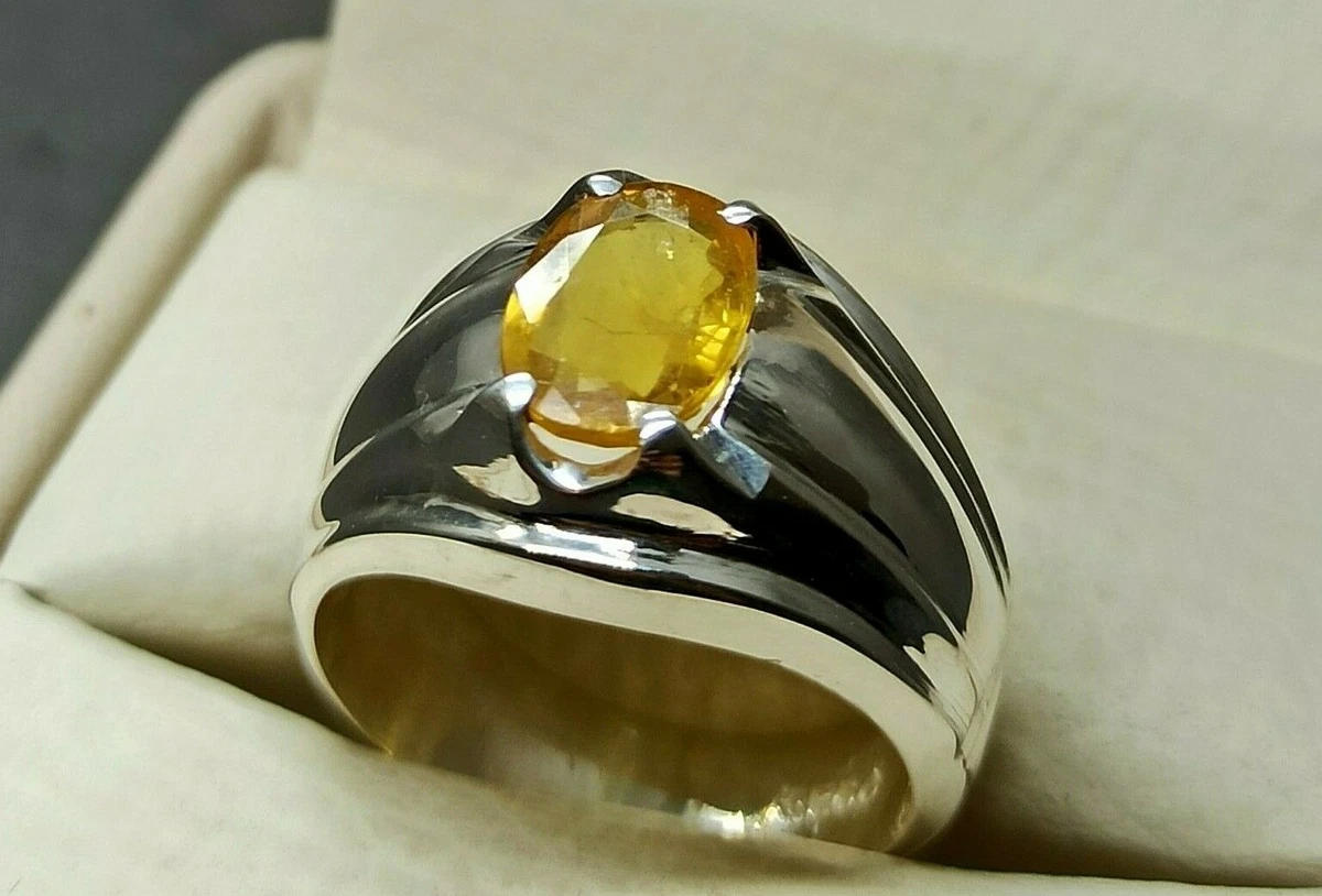 Natural Ceylon Yellow Sapphire Sterling Silver 925 Handmade Pukhraj Mens Ring