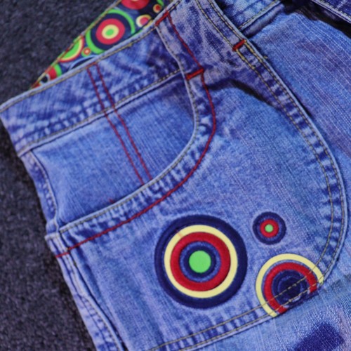 VTG 90s REQUEST EMBROIDERED FLARE DENIM BLUE JEANS 30X33 - Picture 3 of 8