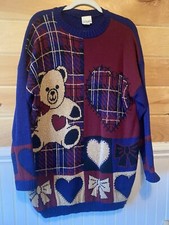 VTG 80  s Teddy Bear Hearts Bows Plaid Oversize Sweater Navy/Burgundy/Tan