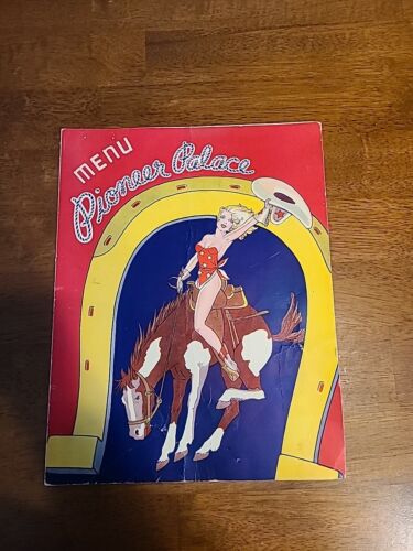 Vintage Pioneer Palace Restaurant Menu with Cowgirl Bucking Bronco Fort Worth TX