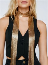 Tassel Metal Neck Tie Scarf Neckerchief Long Thin Skinny Glitter Shiny Party