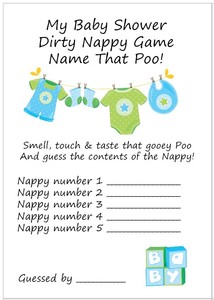10 Dirty Nappy Poop Game Cards Stickers Baby Shower Blue Boy Ebay