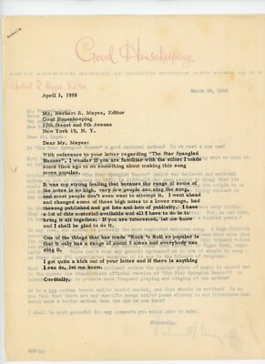 Autographe Typed letter Herbert R Mayes Editor Good Housekeeping Vational Anthen