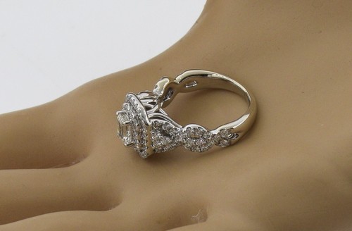 ZALES CELEBRATION 14K WHITE GOLD DIAMOND STEP HALO ENGAGEMENT RING .51 EMERALD - Picture 2 of 10
