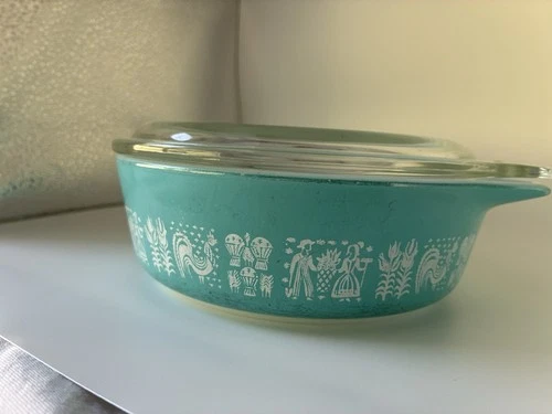 Vintage 471 Pyrex Amish Butterprint 1 Pt Casserole Dish Lid Turquoise Blue Round