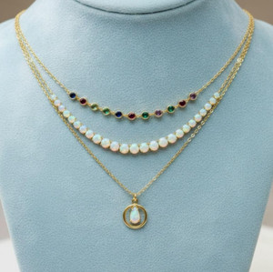 Authentic 18k Gold Plated Layered Necklace Set Opal with Multi Tourmaline Choker Necklace.
