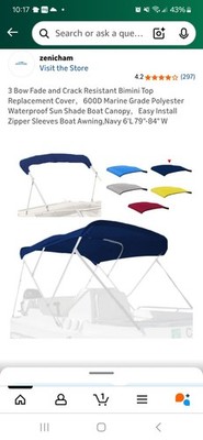 Brand New Zenicham bimini top, 3 bow, 600D Marine Grade, Navy
