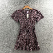 Alya A Line Dress Womens S Black Pink Floral Vneck Short Sleeves Tie Casual NWT