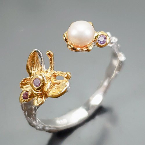 Handmade Natural Pearl Ring 925 Sterling Silver Size 8 /R418521