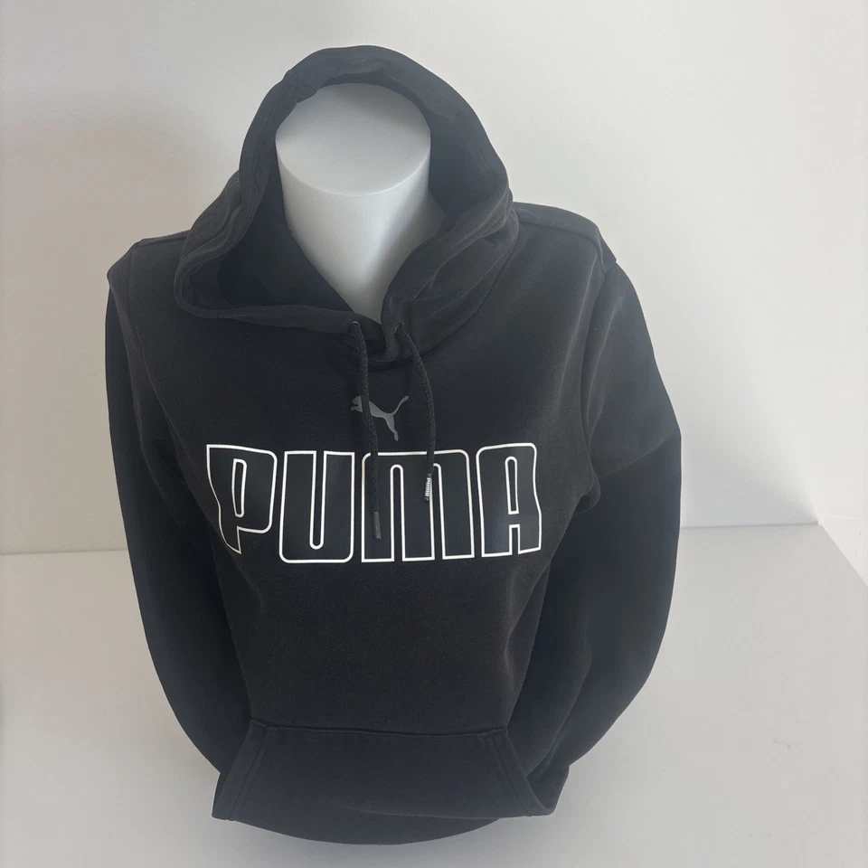 Sweat à Capuche Puma Femme XS Noir Logo Blanc Hoodie Très Bon État - Photo 1/4