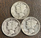 Three 1931 S , 1942 , and 1943 S Mercury Silver Dimes Fine / Very Fine