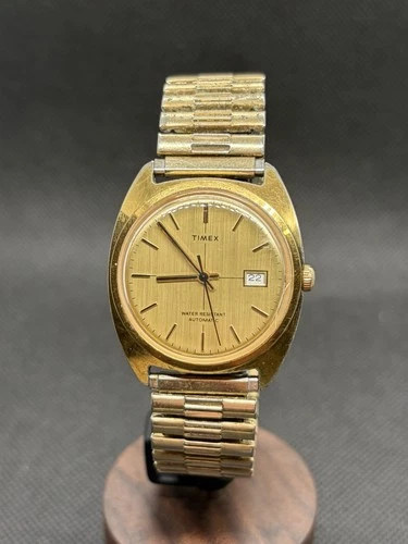 Vintage Timex Automatic Crosshair Dial Gold Tone Date Mens Watch Runs