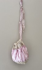Antique Edwardian era Beige Crochet  Pink Silk Drawstring Purse Bag
