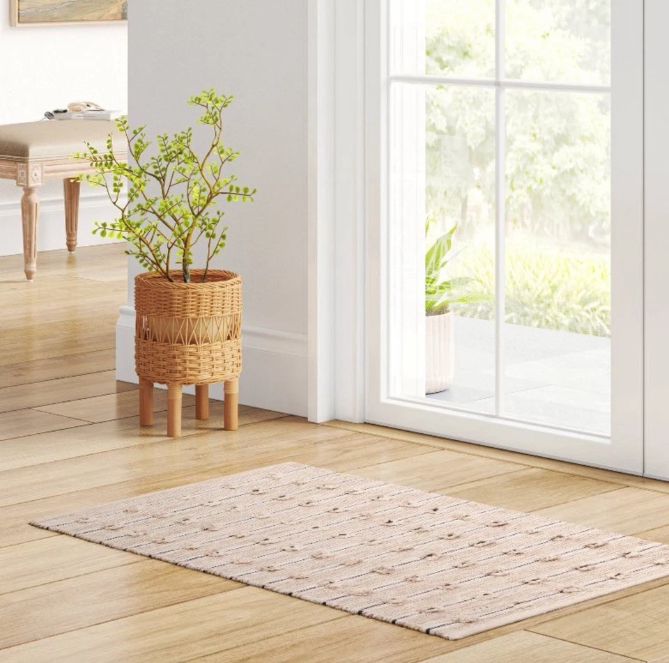 Alfombra de tejido plano a rayas tejida umbral negra/crema tejida a mano 2’x3’ ✅✅ Foto 2 de 4