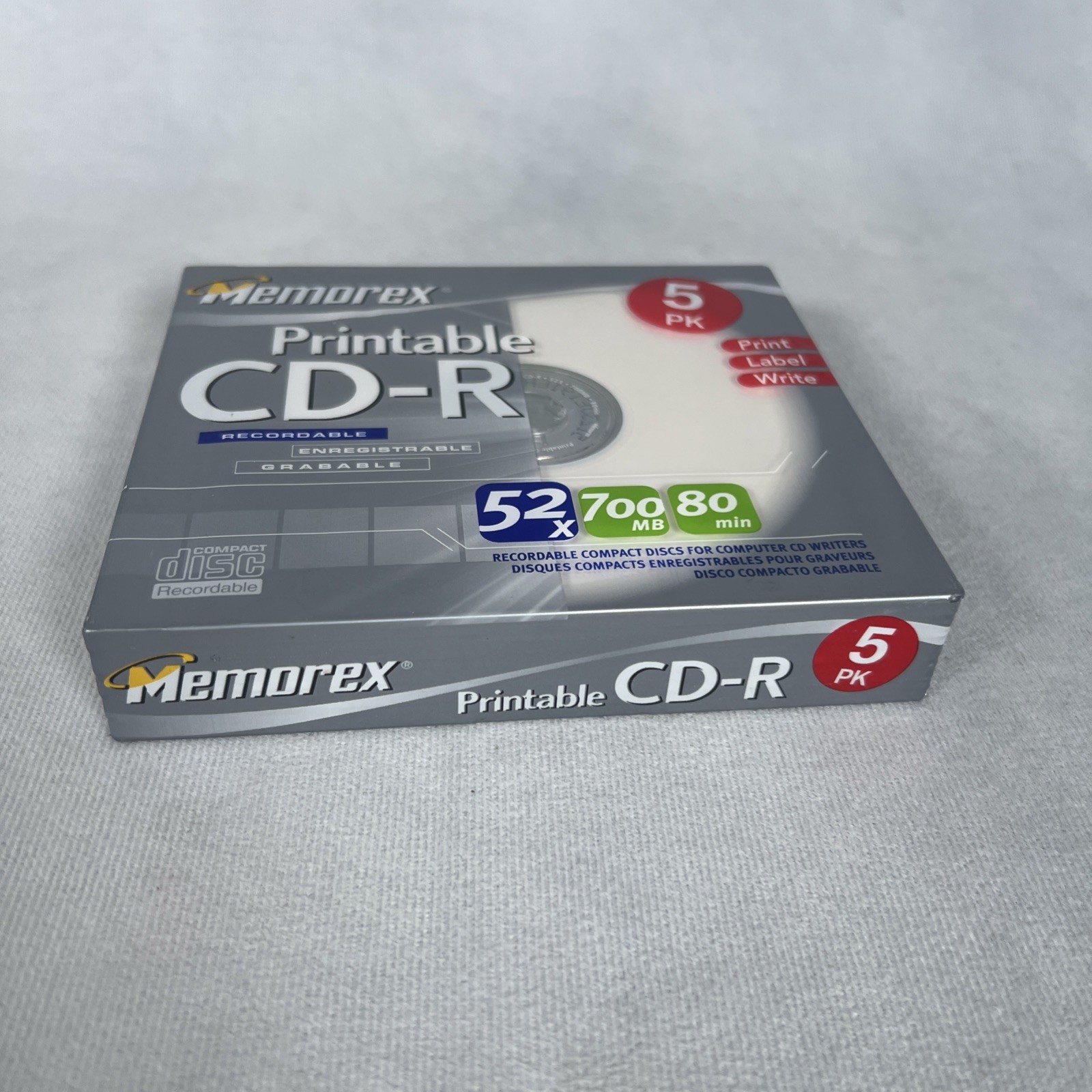 New Sealed Memorex Printable Recordable Blank CD-R, 5 Pack 52x 700MB 80 min CDs