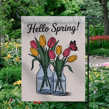 Hello Spring Garden Flag Tulip Flower Butterfly Yard Decor Outdoor Banner
