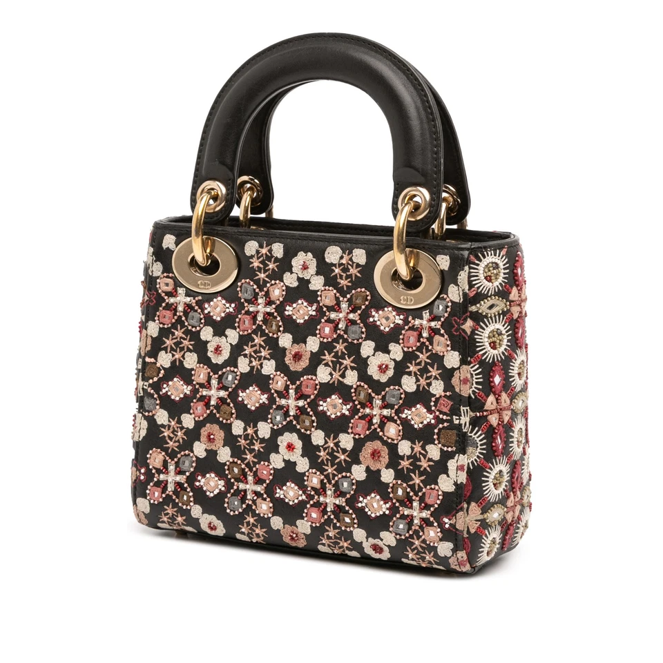 Authenticated Dior Mini Calfskin Beaded Embroidered Lady Dior Black - Image 2 of 4