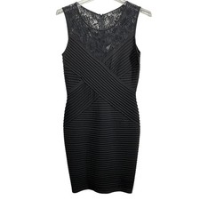 Calvin Klein Dress Womens SZ 12 Black Lace Pleated Bodycon Sheath Knee Length